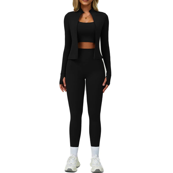 Women’s 3-Piece Workout Set – Sports Bra, Leggings & Zip Jacket